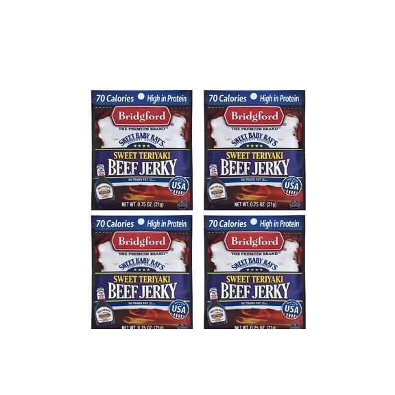 Bridgford Sweet Baby Rays Sweet Teriyaki Beef Jerky, High Protein Snack, 0.75 oz Bags, 4 Pack