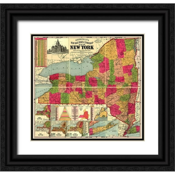 Bridgman 21x20 Black Ornate Wood Framed with Double Matting Museum Art Print Titled - New York Railroads and Townships - Bridgman 1896