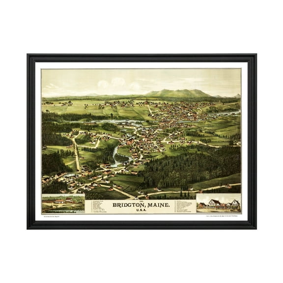 Bridgton Art, 1888 Vintage Map of Bridgton Maine, ME History Wall Decor Gift, Old Bridgton Map - 24" x 18" Black Framed Print