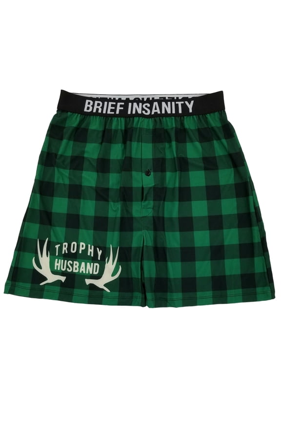 Mens Green Plaid Trophy Husband Buck Antler Boxer Shorts S
