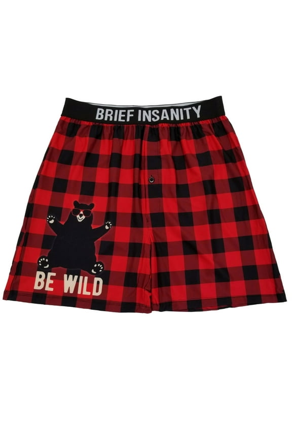 Mens Red Buffalo Plaid Be Wild Bear Boxer Shorts S