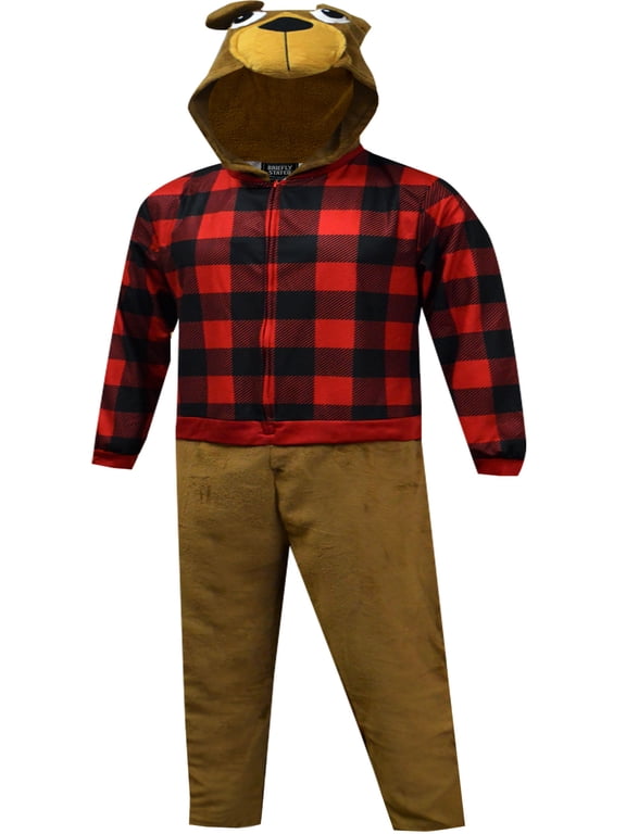 Mens Buffalo Bear Adult Hooded One Piece Pajama (Large)