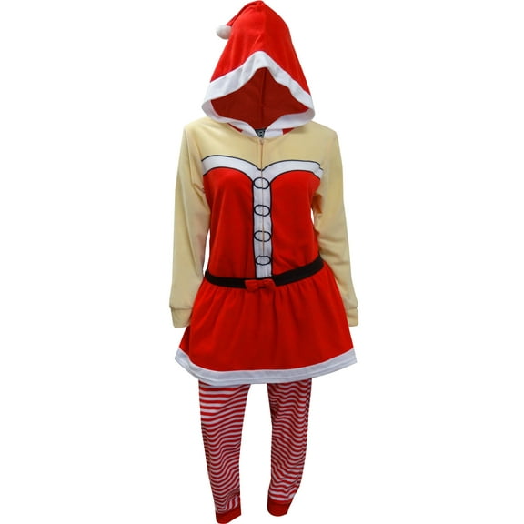 Briefly Stated Womens Mrs Santa Claus Onesie Hooded Skirted Union Suit Pajama