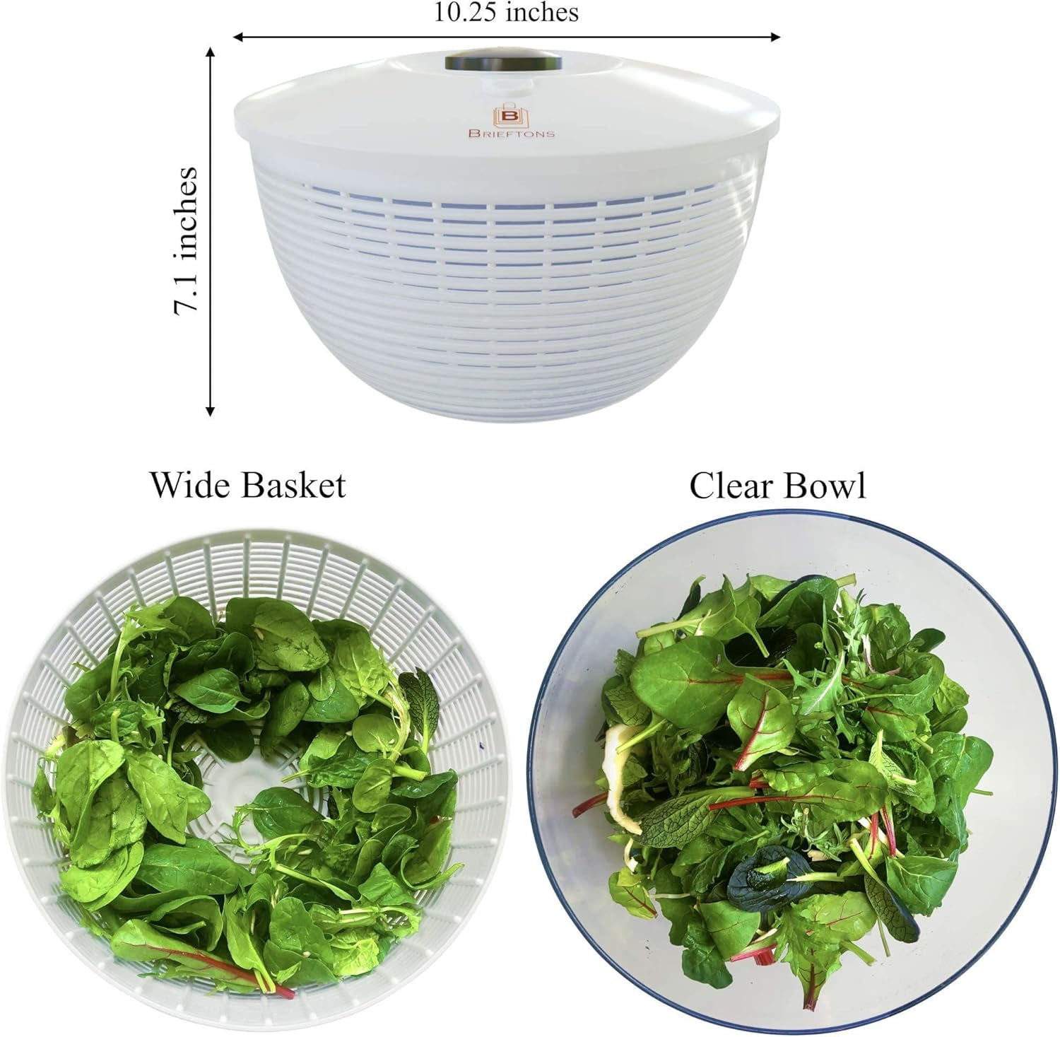 Avanti 3.5 Liter Salad Spinner With Push-Brake Lid - Large Capacity Lettuce Dryer & Serving Bowl