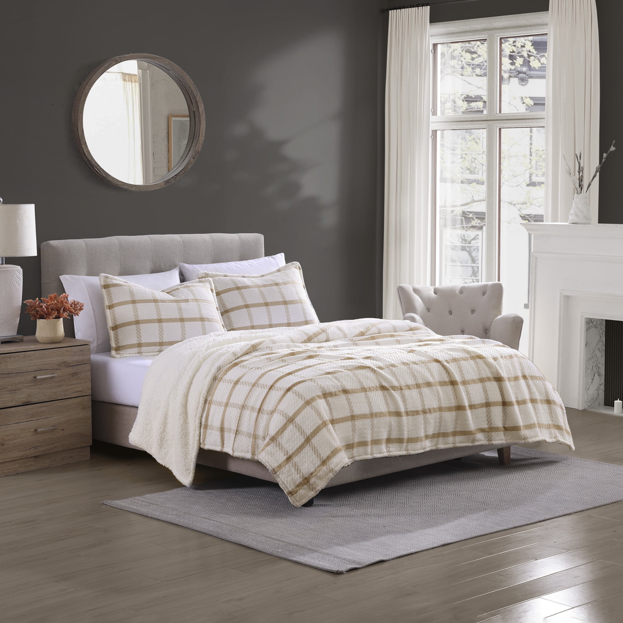 Brielle Home Aldin Set Biancheria Letto Matrimoniale Reversibile: Coperta Scozzese E Federe, Lato Sherpa