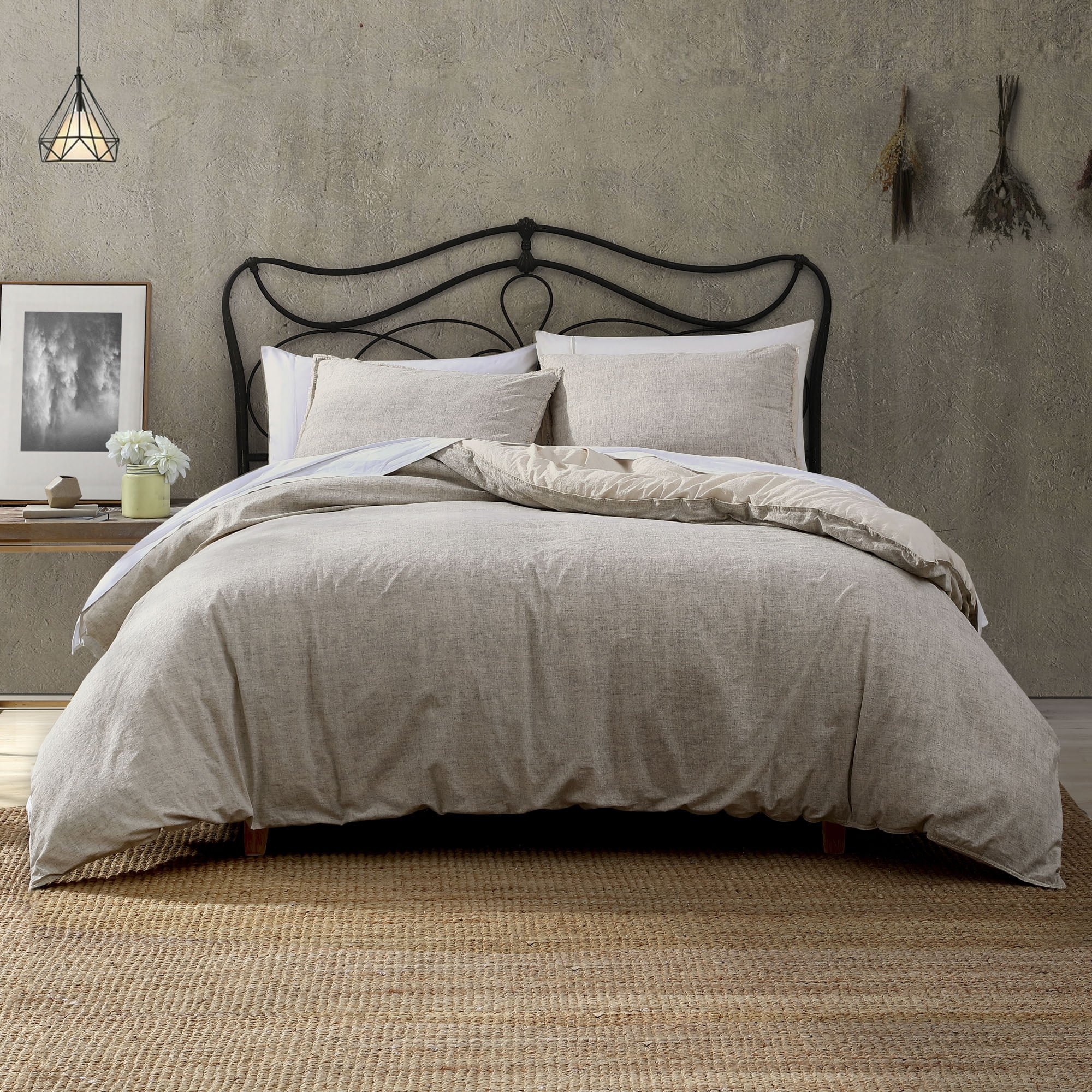 Twin Beige Cotton Reversible Comforter Set