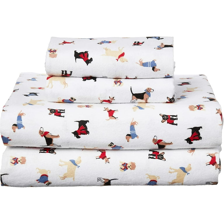 Brielle Home Flannel Sheet Set 100 Cotton with Elastic Deep Pockets Full Dogs White