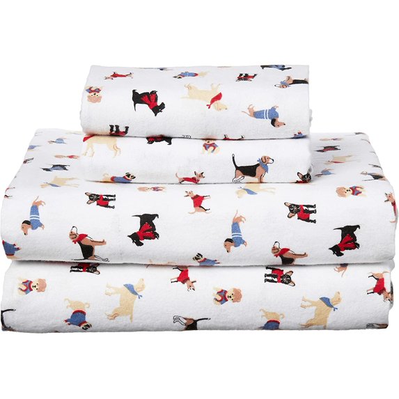 Brielle Home Flannel Sheet Set 100% Cotton with Elastic Deep Pockets, King, Dogs White