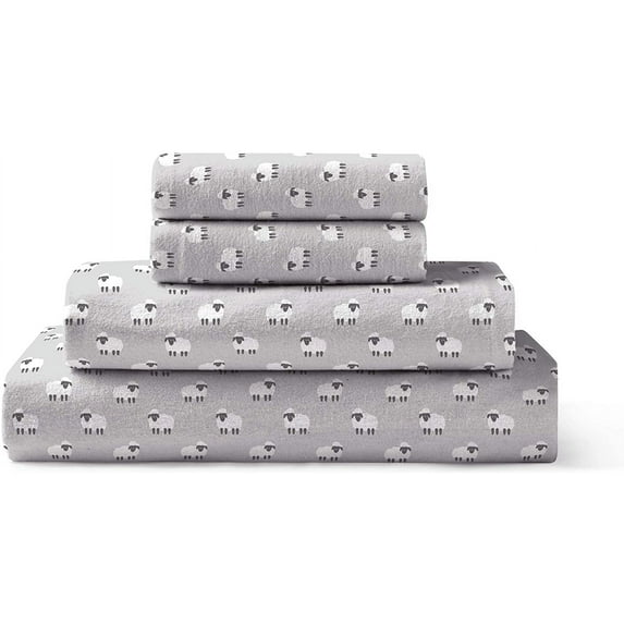 Brielle Home Flannel Sheet Set 100% Cotton with Elastic Deep Pockets, King, Sheep Light Grey