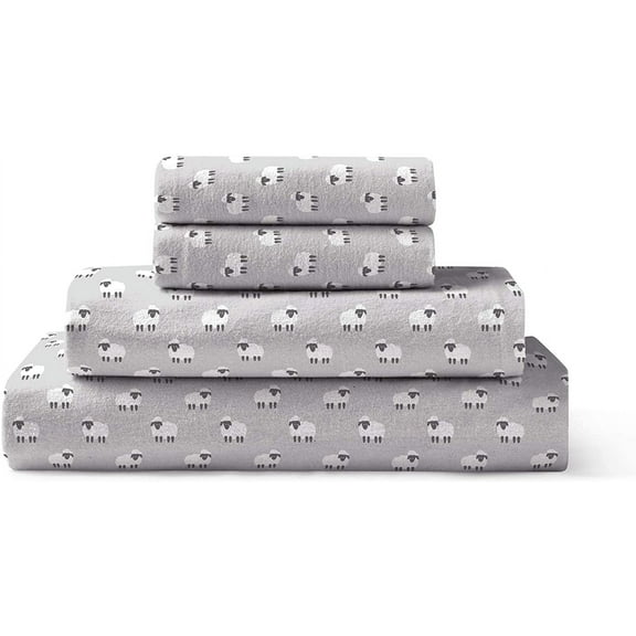 Brielle Home Flannel Sheet Set 100% Cotton with Elastic Deep Pockets, King, Sheep Light Grey