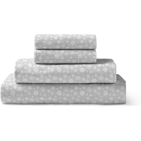 Brielle Home Flannel Sheet Set 100% Cotton with Elastic Deep Pockets, King, Snowflake Lunar Grey