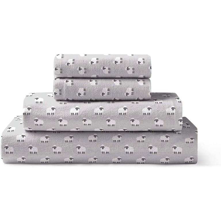 Brielle Home 100% Cotton Flannel Sheet Set - Full Size, Sheep Light Grey, Deep Pocket Fitted Sheet, 4 Piece