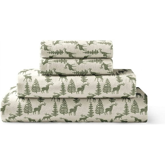 Brielle Home Flannel Sheet Set 100% Cotton with Elastic Deep Pockets, Twin, Deer Ivory