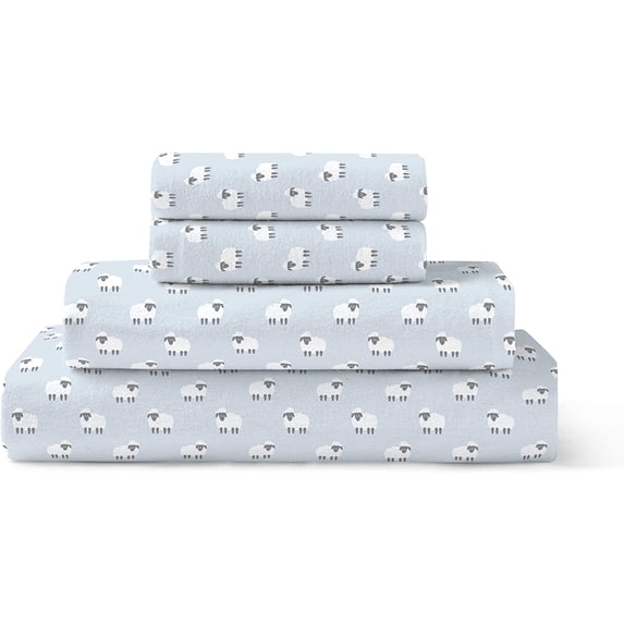 Brielle Home Flannel Sheet Set 100% Cotton with Elastic Deep Pockets, Twin, Sheep Light Blue