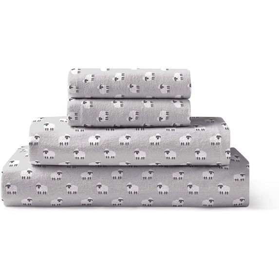Brielle Home Flannel Sheet Set 100% Cotton with Elastic Deep Pockets, Twin, Sheep Light Grey