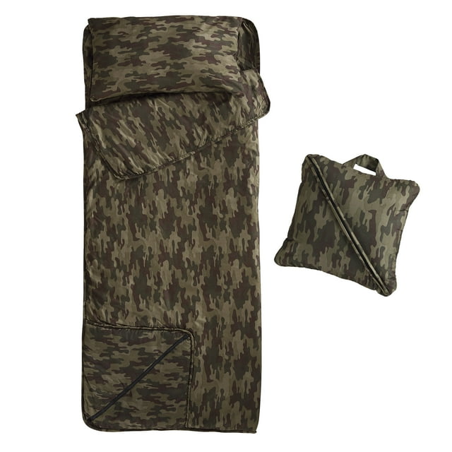 Brielle Home Foldable Printed Sleeping Bag/Nap Mat with Attached Pillow, Camo, 32 x 75 inches