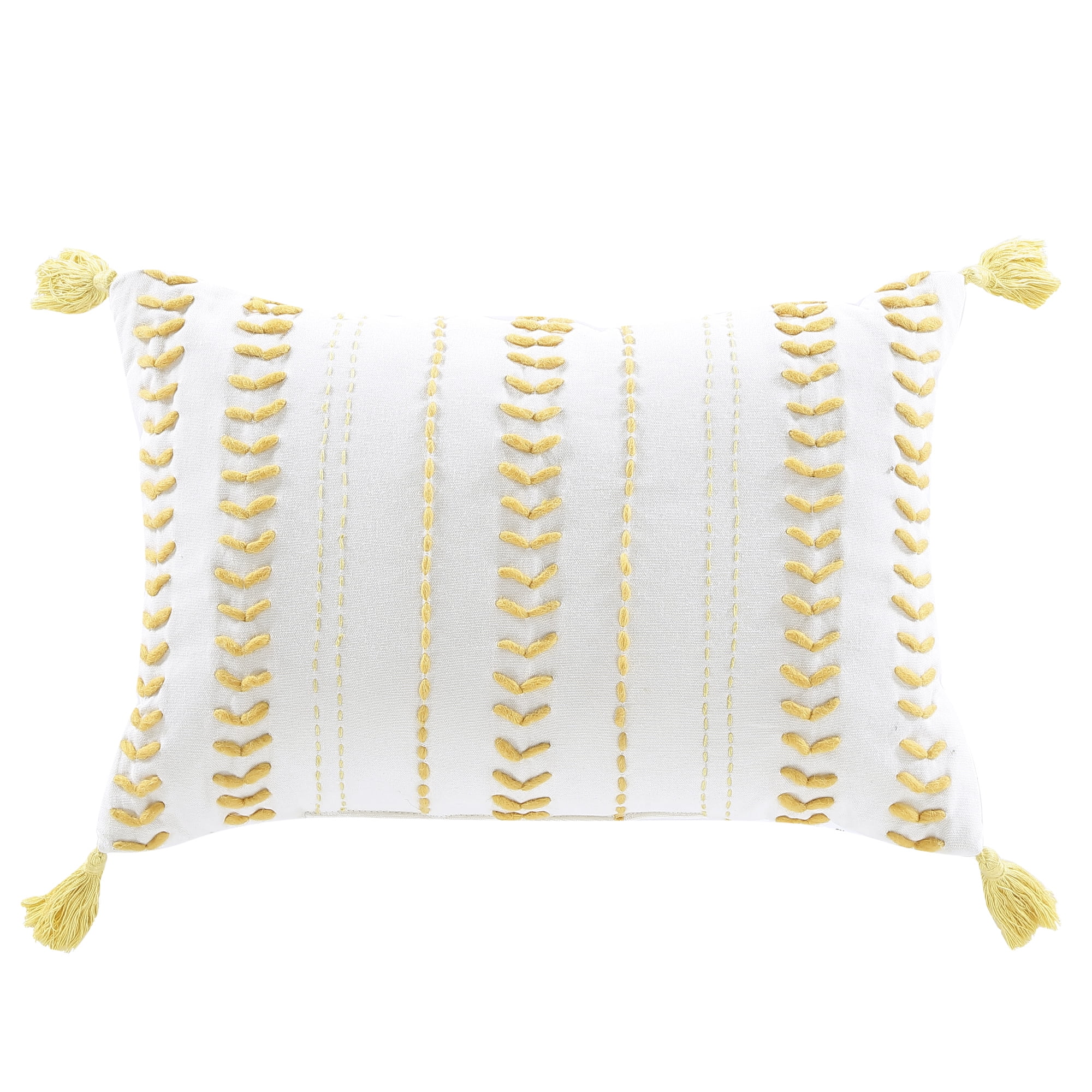 Mustard Yellow and Off-White Cotton Lumbar Pillow with Tassels