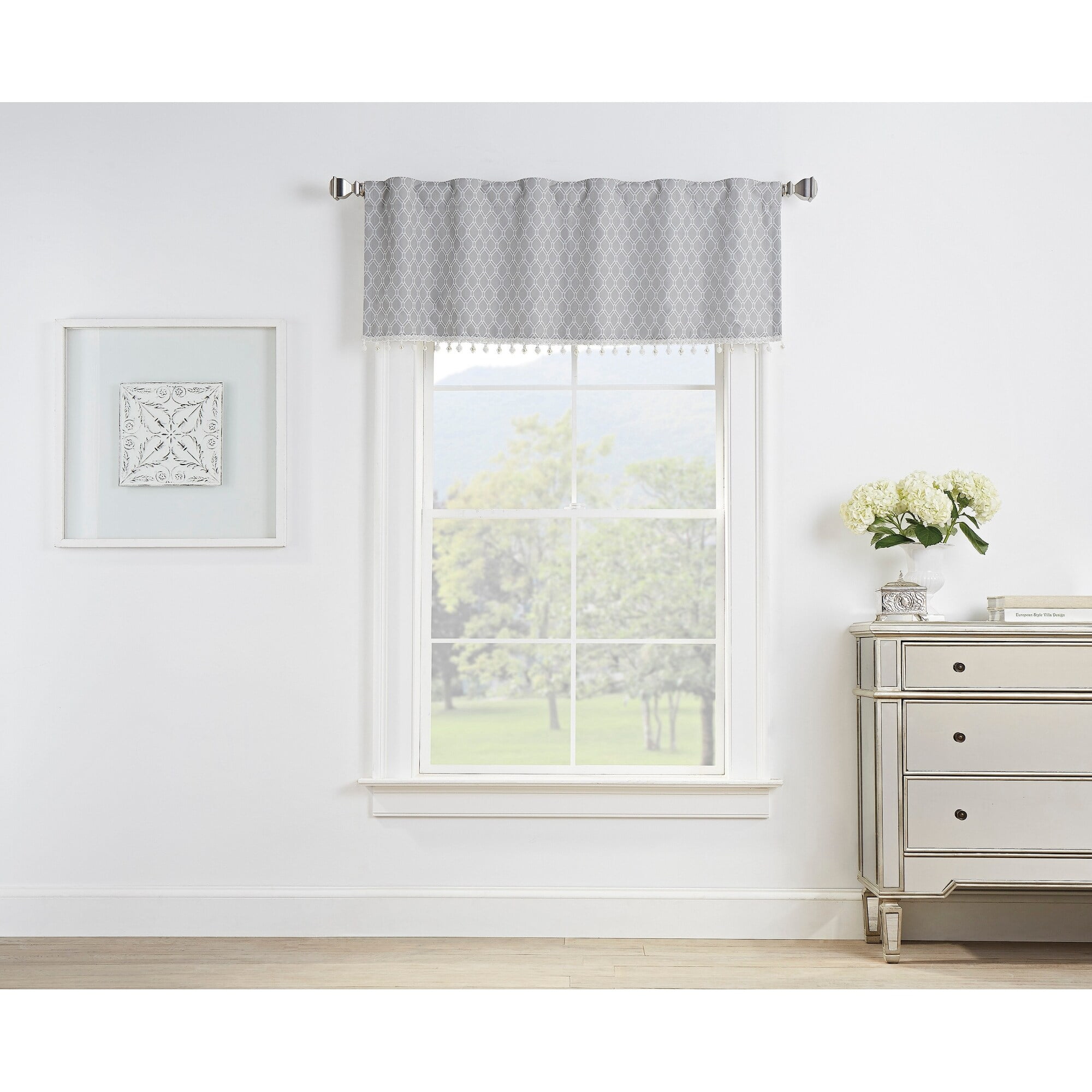 Grey Jacquard 100% Blackout Rod Pocket Valance Set