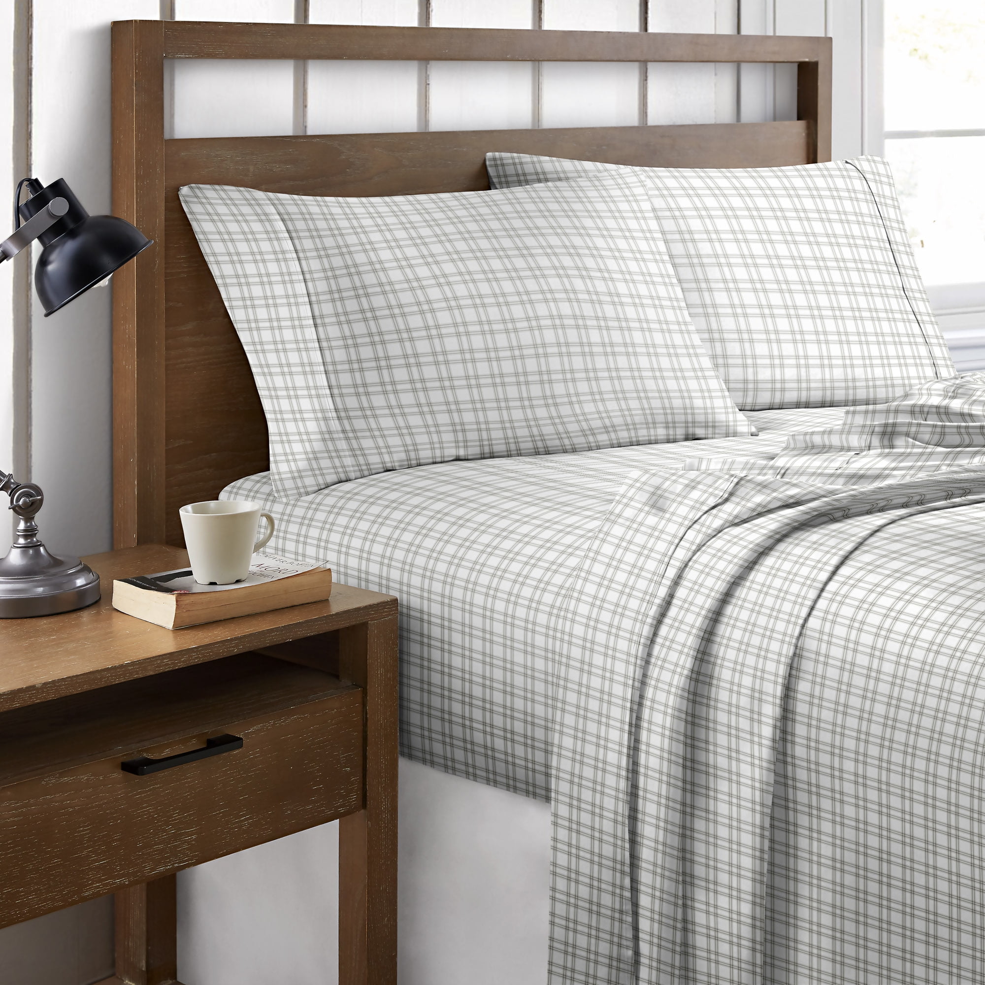King Gray Plaid Cotton Percale Sheet Set