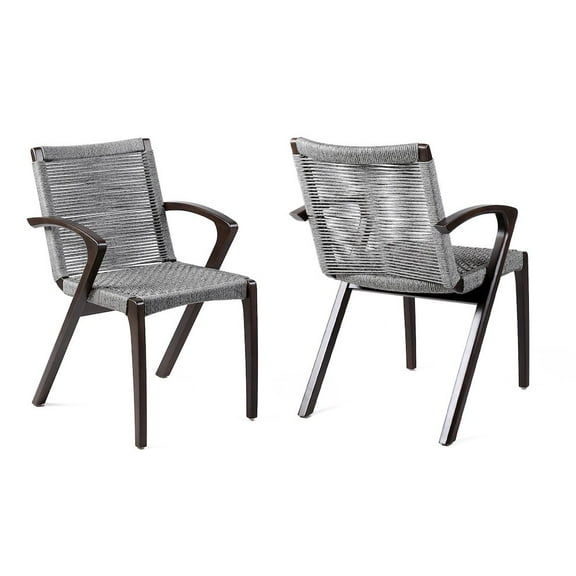 Brielle Outdoor Dark Eucalyptus Wood and Gray Rope Dining Chairs - Set of 2