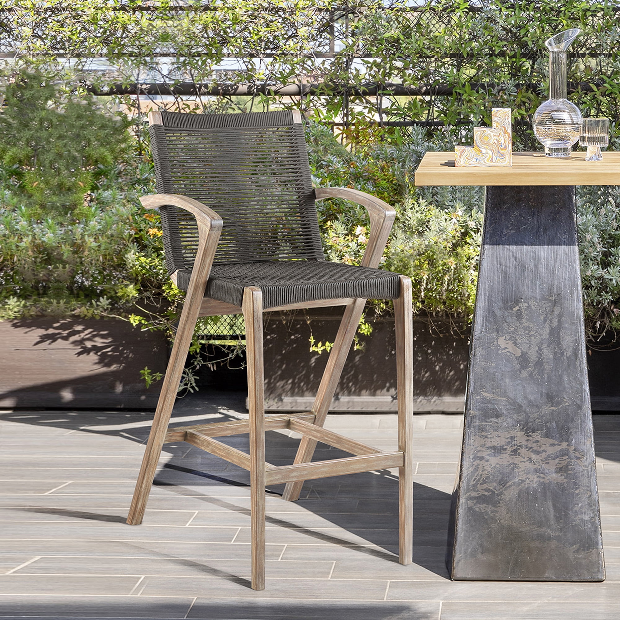 Brielle Outdoor Light Eucalyptus Wood and Charcoal Rope Bar Height Stool - Set of 4