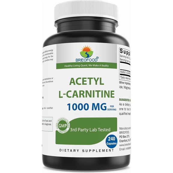 Brieofood Acetyl L-Carnitine 1000 mg Per Serving- 240 Capsules. Gluten-Free, Non-GMO.