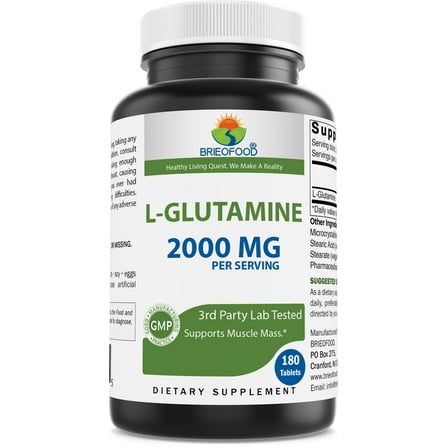 Brieofood L-Glutamine 2000mg per Serving - 180 Tablets - Double Strength Amino Acids - Supports Muscle Mass