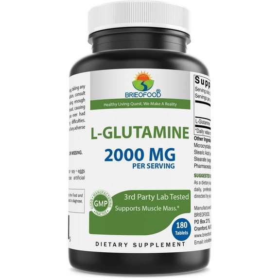 Brieofood L-Glutamine 2000mg per Serving - 180 Tablets - Double Strength Amino Acids - Supports Muscle Mass