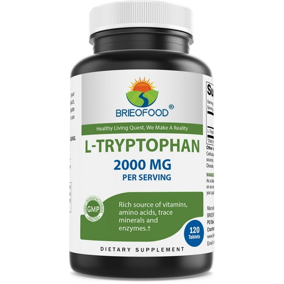 Brieofood L-Tryptophan 2000mg per Serving - 120 Tablets - Supports Positive Mood & Relaxation
