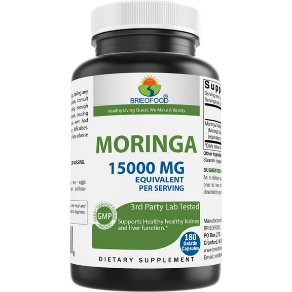Brieofood Moringa Oleifera - 15000 mg Equivalent per Serving - 180 Capsules - Non-GMO and Gluten Free Supplement - Moringa Leaf Green Superfood