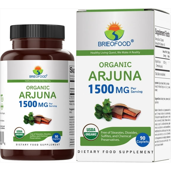 Brieofood Organic Arjuna 1500mg, 45 Servings, Vegetarian, Gluten Free, 90 Vegetarian Tablets