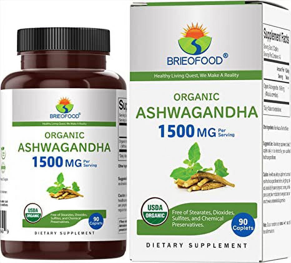 Brieofood Organic Ashwagandha 1500mg, 45 Servings, Vegetarian, Gluten Free, 90 Vegetarian Tablets