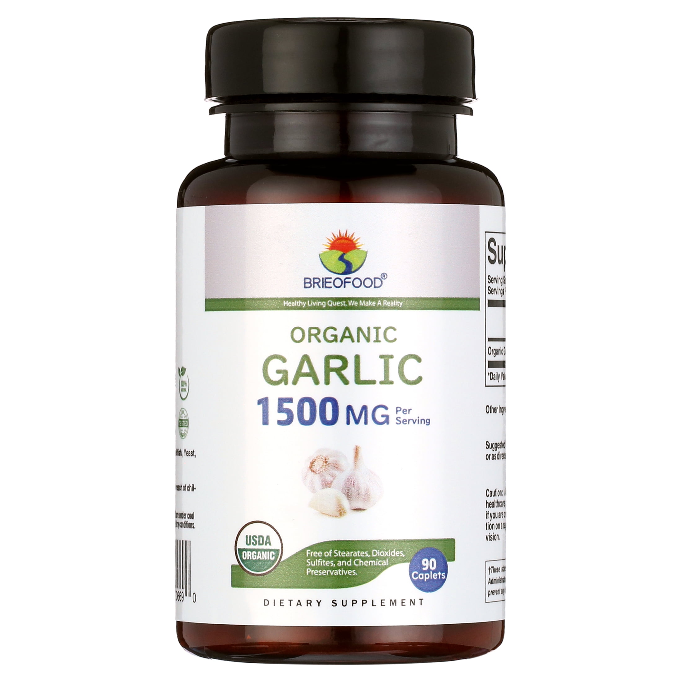 Brieofood Organic Garlic 1500mg, 45 Servings, Vegetarian, Gluten Free, 90 Vegetarian Tablets