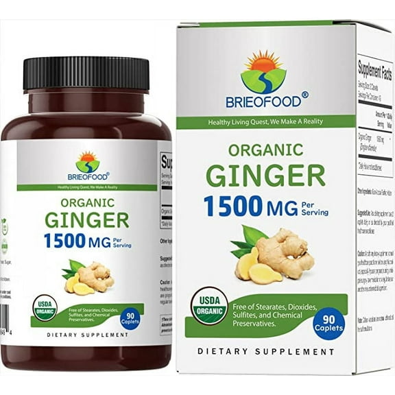Brieofood Organic Ginger 1500mg, 45 Servings, Vegetarian, Gluten Free, 90 Vegetarian Tablets