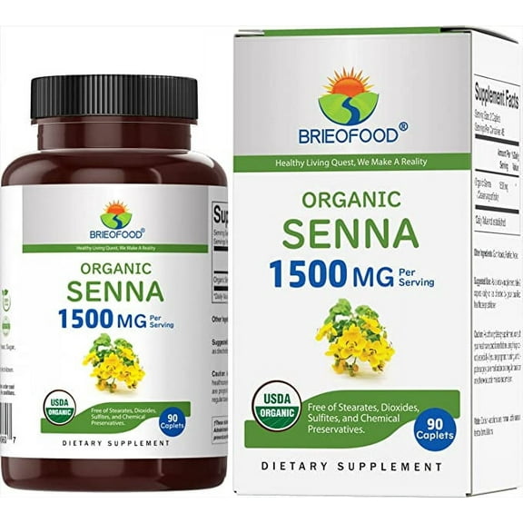 Brieofood Organic Senna 1500mg, 45 Servings, Vegetarian, Gluten Free, 90 Vegetarian Tablets