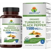 Brieofood Organic Turmeric with Black Pepper 1500mg, 45 Servings, Vegetarian, Gluten Free, 90 Vegetarian Tablets
