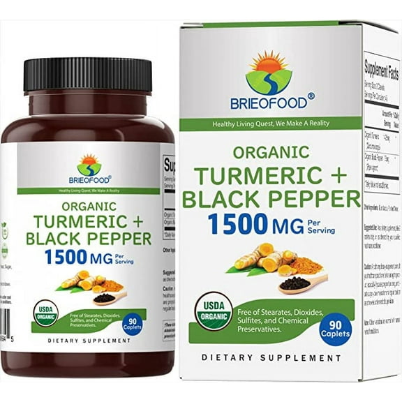 Brieofood Organic Turmeric Tablets with Black Pepper 1500mg, Inflammation Support, 90 Count, Vegetarian