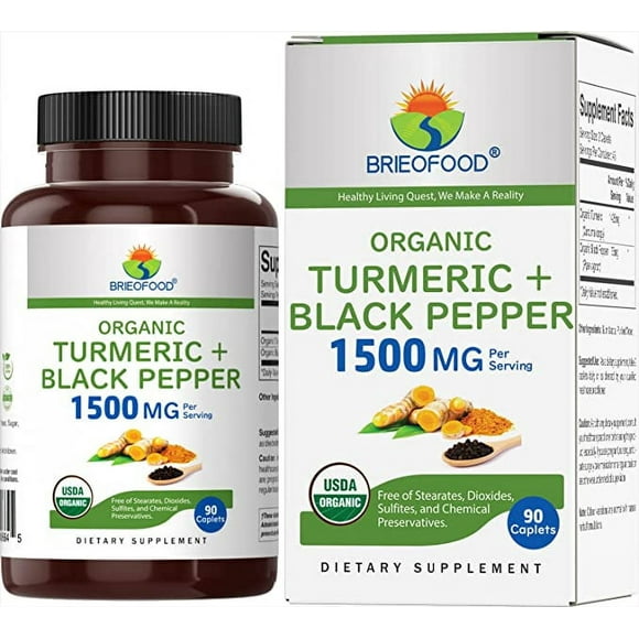Brieofood Organic Turmeric with Black Pepper 1500mg, 45 Servings, Vegetarian, Gluten Free, 90 Vegetarian Tablets
