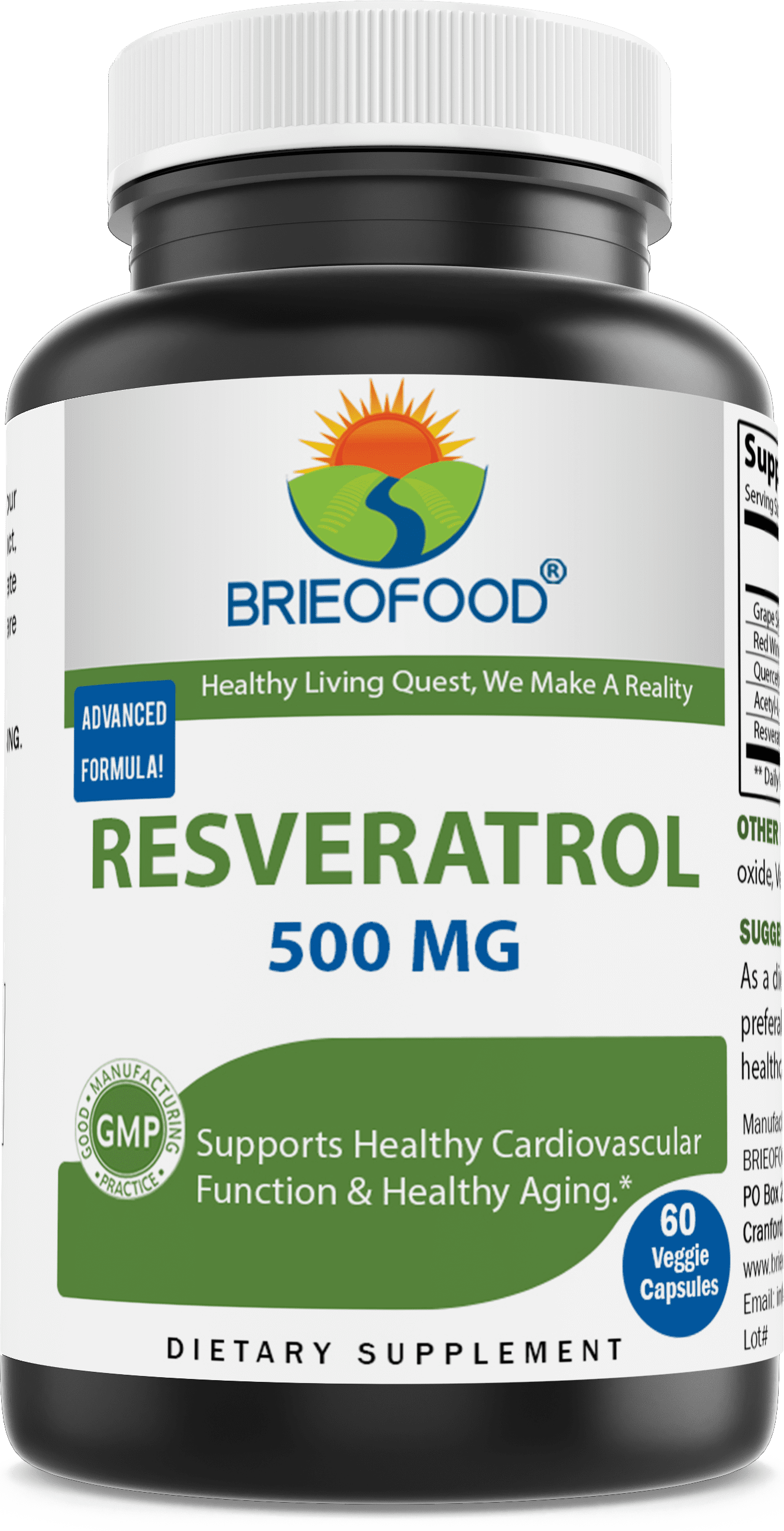 Brieofood Resveratrol 500mg - Natural Antioxidant Supplement for Cardiovascular & Immune System Health - 60 Veggie Capsules