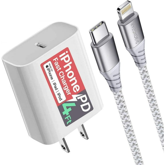 Brier High Flexibility, Stable Transmission, Solid and Durable 4 Ft. Lightning-Fast Charging Braided Cable with Adaptive USB-C Wall Charger for Aple Compatible Devices (White)