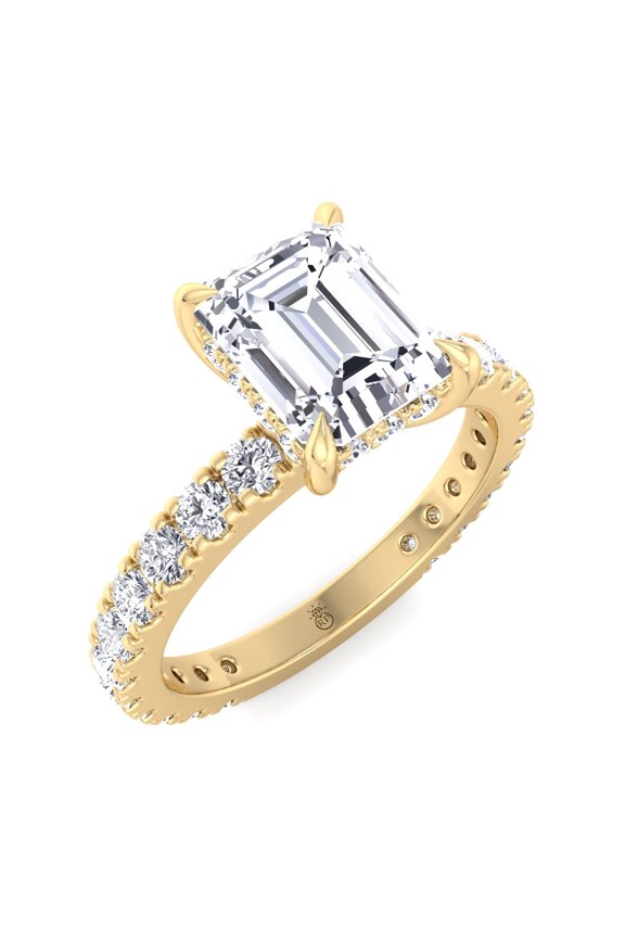 Brier - Moissanite Emerald Cut Lab Diamond Hidden Halo Round Side stones Engagement Ring