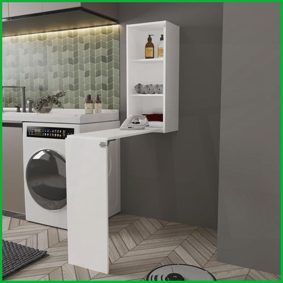Brier Wall-Mounted Foldable Ironing Board, Space-Saving White Wood Laundry Board for Small Spaces
