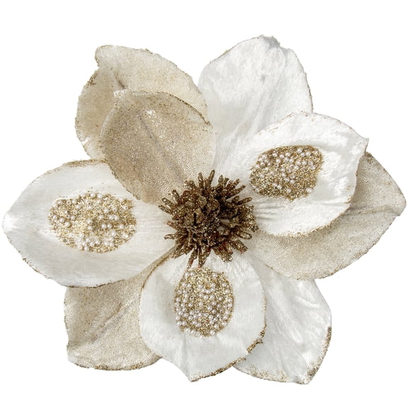 Briful 10’’ Large Heads Christmas Glitter Magnolia Flowers Christmas Tree Ornaments Set of 3 Giant Artificial Flowers with Long Stems for Xmas Tree Holiday Decorations, White Gold