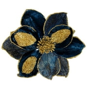Briful 10" Large Heads Christmas Glitter Magnolia Flowers Christmas Tree Ornaments Set of 3 Giant Artificial Flowers with Long Stems for Xmas Tree Holiday Decorations, Blue Gold