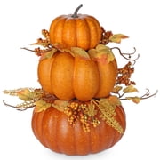 Briful 11" Fall Stacked 3pcs Pumpkin with Faux Berries, Maple Leaves Decoration Autumn Table Centerpieces Halloween, Thanksgiving & Harvest Home Decoration Orange