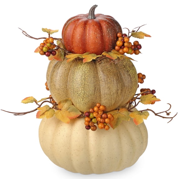 Briful 11" Fall Stacked 3pcs Pumpkin with Faux Berries, Maple Leaves Decoration Autumn Table Centerpieces Halloween, Thanksgiving & Harvest Home Decoration