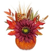 Briful 12.9"Artificial Pumpkin Floral Arrangement with Burgundy Sunflowers Leaves Fall Table Centerpiece for Harvest Autumn Décor