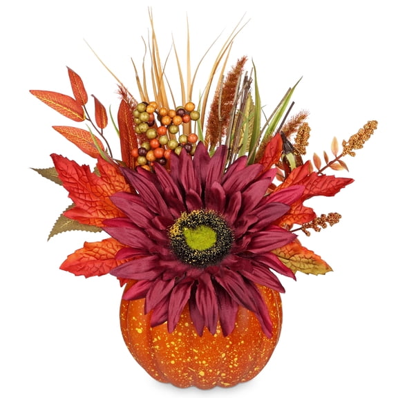 Briful 12.9"Artificial Pumpkin Floral Arrangement with Burgundy Sunflowers Leaves Fall Table Centerpiece for Harvest Autumn Décor