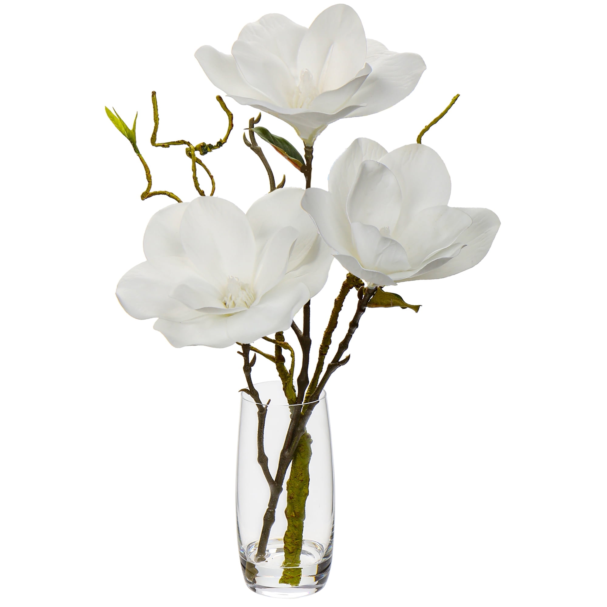 Briful 15.4" White Magnolias Artificial Flowers in Glass Vase with Faux Water Real Touch Magnolias Flowers Stems Faux Silk for Wedding Flower Arrangement Table Centerpiece Decor