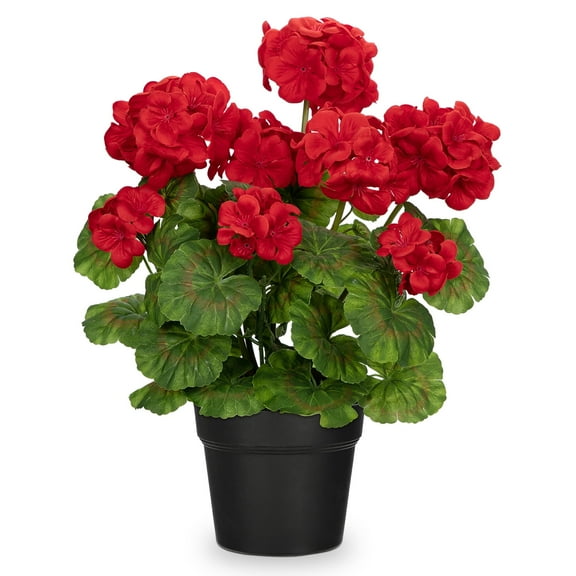 Briful 16" Artificial Geranium Flower Potted Plant Realistic Silk Red Flowers with Vibrant Green Leaves Fake Begonia Flowers for Outdoors Farmhouse Office Home Decor
